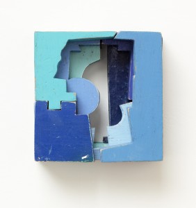 Looking Into Blue, by Mike Wright, found painted wood, 5” x 5” x 3”